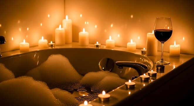 Relaxing bubble bath with warm candles and a glass of red wine for a romantic evening romantic relaxing wellness peaceful intimate lifestyle serenity