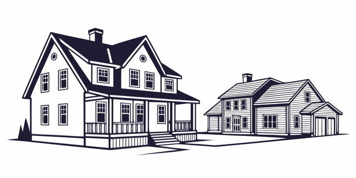 Minimalist black and white line of a two-story house with dormer windows and a porch line minimalist