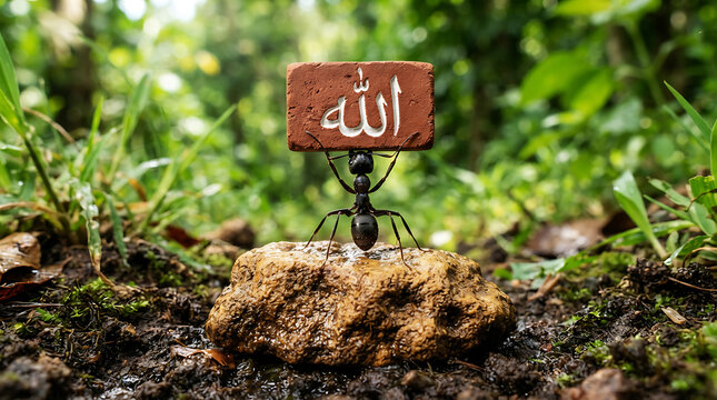 Ant carrying red brick with arabic script outdoors