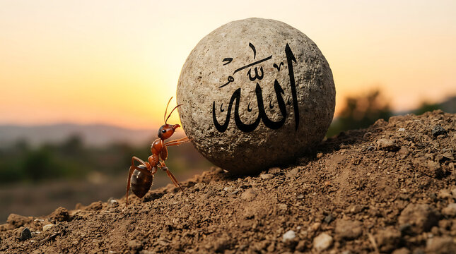 Ant pushing spherical stone with carved arabic script