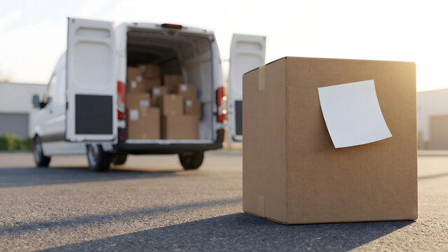 Blank White Sticky Note on Cardboard Box with Delivery Van Background