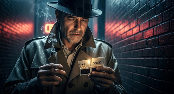 A mature man in a fedora and trench coat holding a glowing playing card in a dark alleyway with detective investigation dramatic suspense portrait