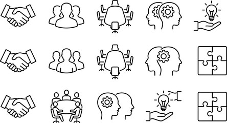 Obraz premium Business teamwork and collaboration outline icon collection featuring partnership, meeting, brainstorming, innovation, leadership, problem solving and office vector set