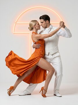 Elegant Couple Dancing Argentine Tango in Orange Dress Against White Neon Circle Background, High Fashion Dance Editorial