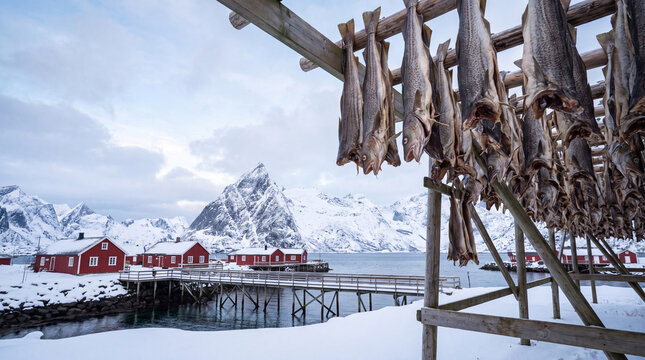 Traditional stockfish drying on wooden racks with iconic red cabins and snowy mountains in the background of Reine, Lofoten Islands, Norway.