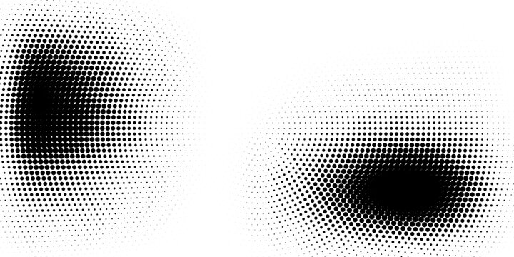 Black and white halftone radial pattern. Abstract dotted vector background.