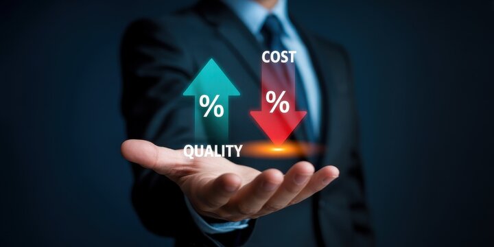 Businessman hand presenting the concept of increasing quality and decreasing cost transparent background