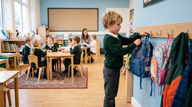 Young school boy in green uniform hanging up his backpack in a bright classroom, with students and teacher sitting at wooden tables in the background; ideal for education marketing.