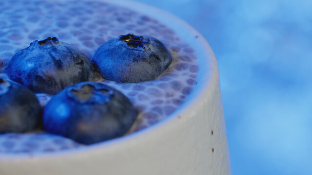 Macro close-up shot of chia pudding with blueberries in a cup on blue bokeh background. Healthy breakfast dessert for cafe menu, web banner, food blog, social media template, and wellness advertising.
