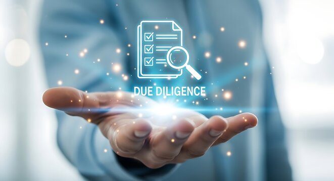 Due diligence concept with glowing digital document icon, businessman holding virtual audit and compliance interface, corporate risk assessment technology
