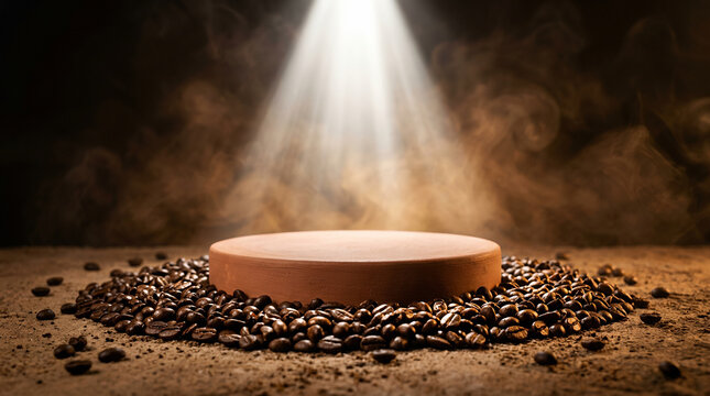 Empty podium with coffee beans under spotlight