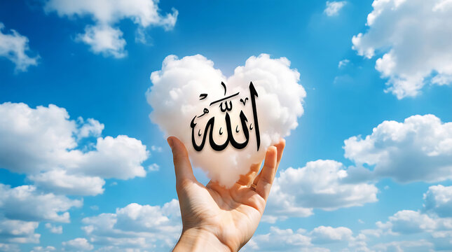Hand holding white heart cloud with arabic script