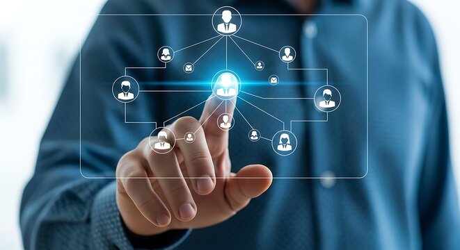 Digital network connection interface, businessman touching glowing virtual human resource icons, global communication and social media networking concept