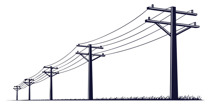 Black and white line of electric cable set on white background, line electric cable