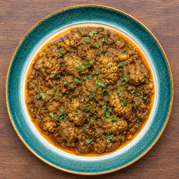 Bangladeshi Beef Brain Masala Curry in Elegant Ceramic Plate