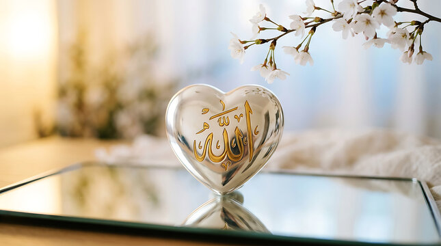 Ornate gold arabic calligraphy heart on white surface