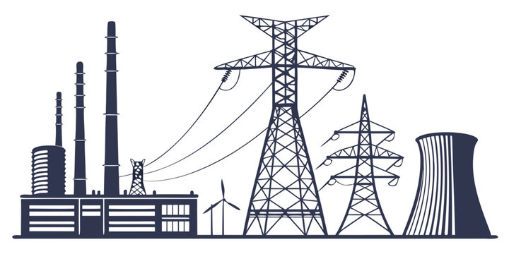 Power station infrastructure, power lines, transmission towers, industrial setting, white background