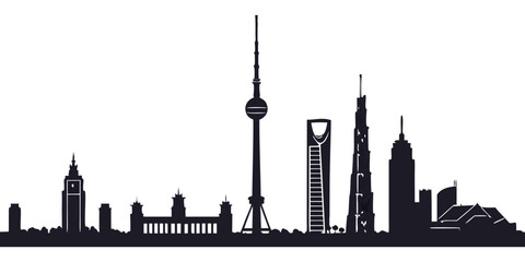 Obraz premium Black and white minimalist skyline with iconic landmarks and cityscape silhouettes