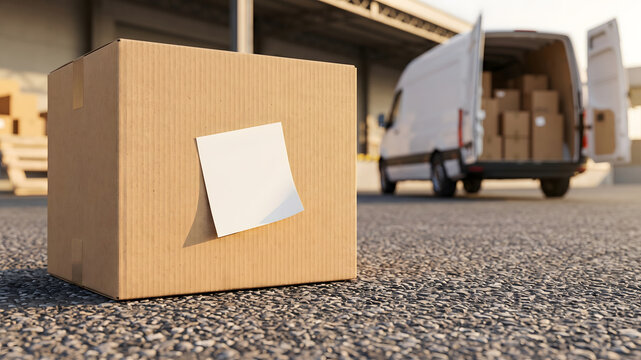 Cardboard Shipping Parcel with Blank Sticky Note Outside Warehouse Dock
