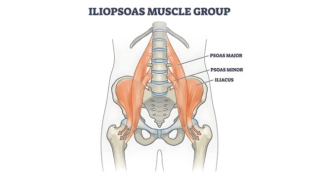 Iliopsoas muscle group anatomy showing hips pelvis and lower lumbar spine