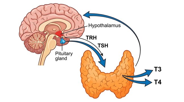 Thyroid hormone regulation pathway diagram showing brain pituitary gland