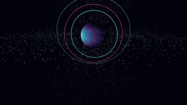 Abstract visualization of a quantum singularity accretion disk with glowing sphere and concentric energy rings amidst a dense cosmic particle field