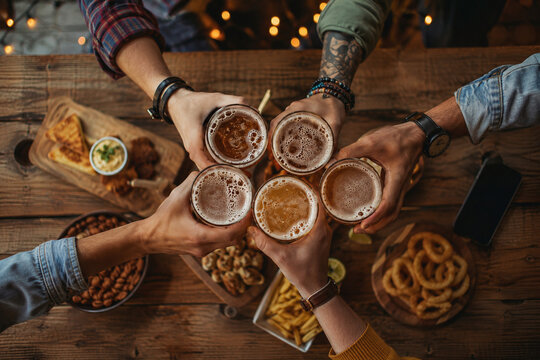 Top View of Friends Clinking Beer Glasses in a Toast over a Rustic Table with Appetizers, Warm Social Gathering at a Pub or Craft Brewery, Concept of Friendship and Celebration