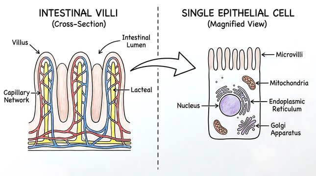 Intestinal villi cross section and epithelial cell biological diagram