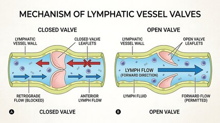 Naklejka premium Diagram explaining the mechanism of lymphatic vessel valves with lymphatic