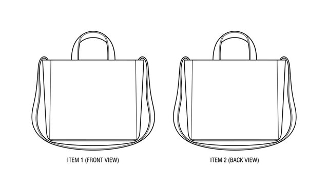 Wide base beach tote bag fashion flat sketch for tech pack cad