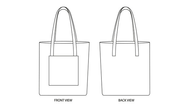 Single square pocket canvas tote bag fashion flat sketch for tech pack cad