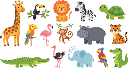 Cute safari jungle animals vector cartoon character set featuring lion, giraffe, elephant, tiger, zebra, monkey, crocodile, hippo, and tropical birds isolated on white background © MdSaddam