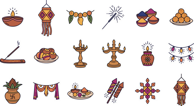Traditional Indian Diwali festival icon collection featuring diya, lantern, rangoli, sweets, firecrackers, kalash, garland and festive celebration vector set