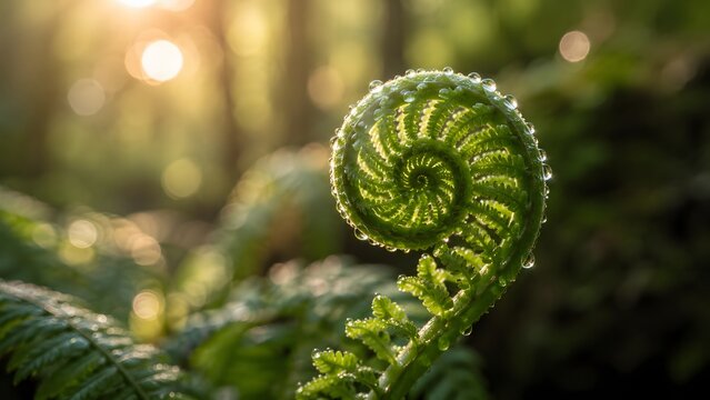 A close up photo of an emerging green fiddlehead fern spiral frond glistening with dew in a sunlit forest. Vibrant fresh natural image perfect for ecological blog and book covers.