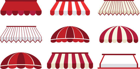 Red and white striped awning vector set featuring various storefront canopy icons, restaurant roofs, shop tents, cafe sunshades, and boutique shelters isolated on white background © MdSaddam