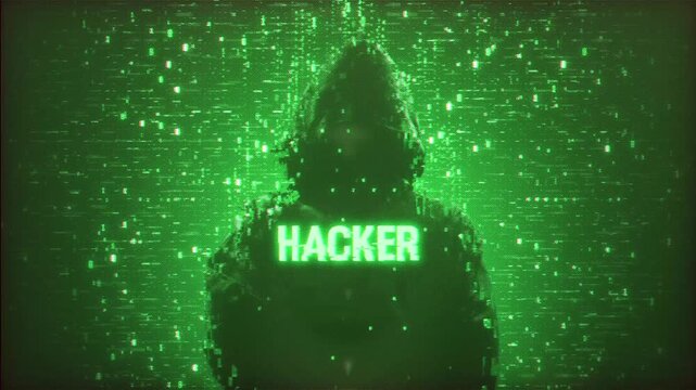 Hacker with hoodie and glitch face. Computer abstract digital code at the background. Dark web or darknet fraud