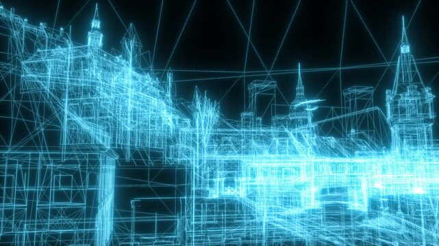 Digital wireframe rendering complex architectural building blueprint