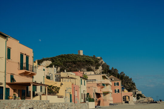 The colorful village of Varigotti, with its sandy beach on the Ligurian coast of the Riviera dei Fiori on a winter day in 2025