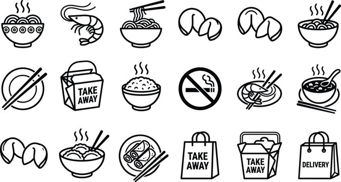 Asian food restaurant and chinese takeout line icons set featuring noodles dumplings spring rolls fortune cookies and takeaway delivery bags vector