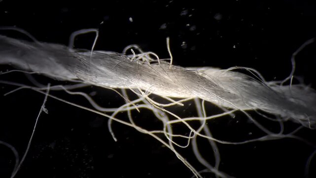 Macro shot of sewing thread structure under a microscope with darkfield illumination