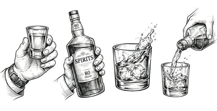 Alcoholic drinks vector set featuring hand drawn sketch of hands holding spirit bottle glass shot splash and pouring whiskey
