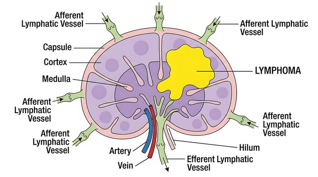 Anatomy diagram showing lymphoma in a human lymph node with lymphoma, pathology