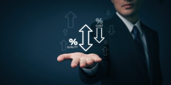 Businessman hand holding digital icon representing increasing product quality and decreasing cost transparent background