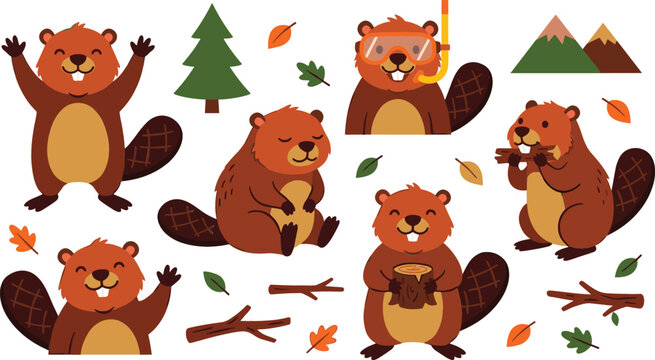 Cute beaver cartoon character stickers set featuring funny animal icons, snorkeling beaver, chewing wood log, waving, sleeping, and forest elements vector illustration isolated on white background
