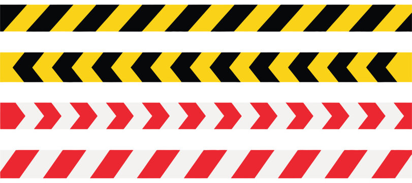Hazard tapes and warning barrier stripes with black and yellow safety tape, red caution lines, restricted area, construction, and vector pattern