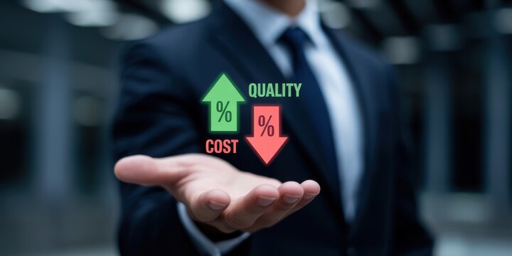 Businessman hand presenting a concept of increasing quality and decreasing cost transparent background