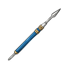 Naklejka premium Ancient spear with blue shaft and metallic golden rings isolated on white background hand drawn illustration