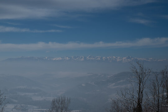 The Piedmontese Langhe and Monviso in winter with snow for a fairytale snowy landscape