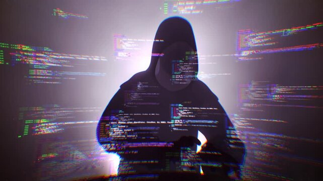 Hacker with hoodie and glitch face. Computer abstract digital code at the background. Dark web or darknet fraud