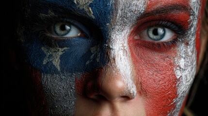 Naklejka premium Woman with Artistic Face Paint in Red, White, and Blue Colors
